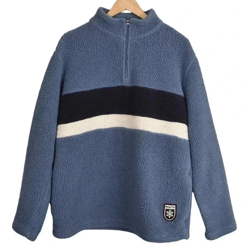 Roots Fleece Sweatshirt 1/4 Zip Blue White Striped Size Large
